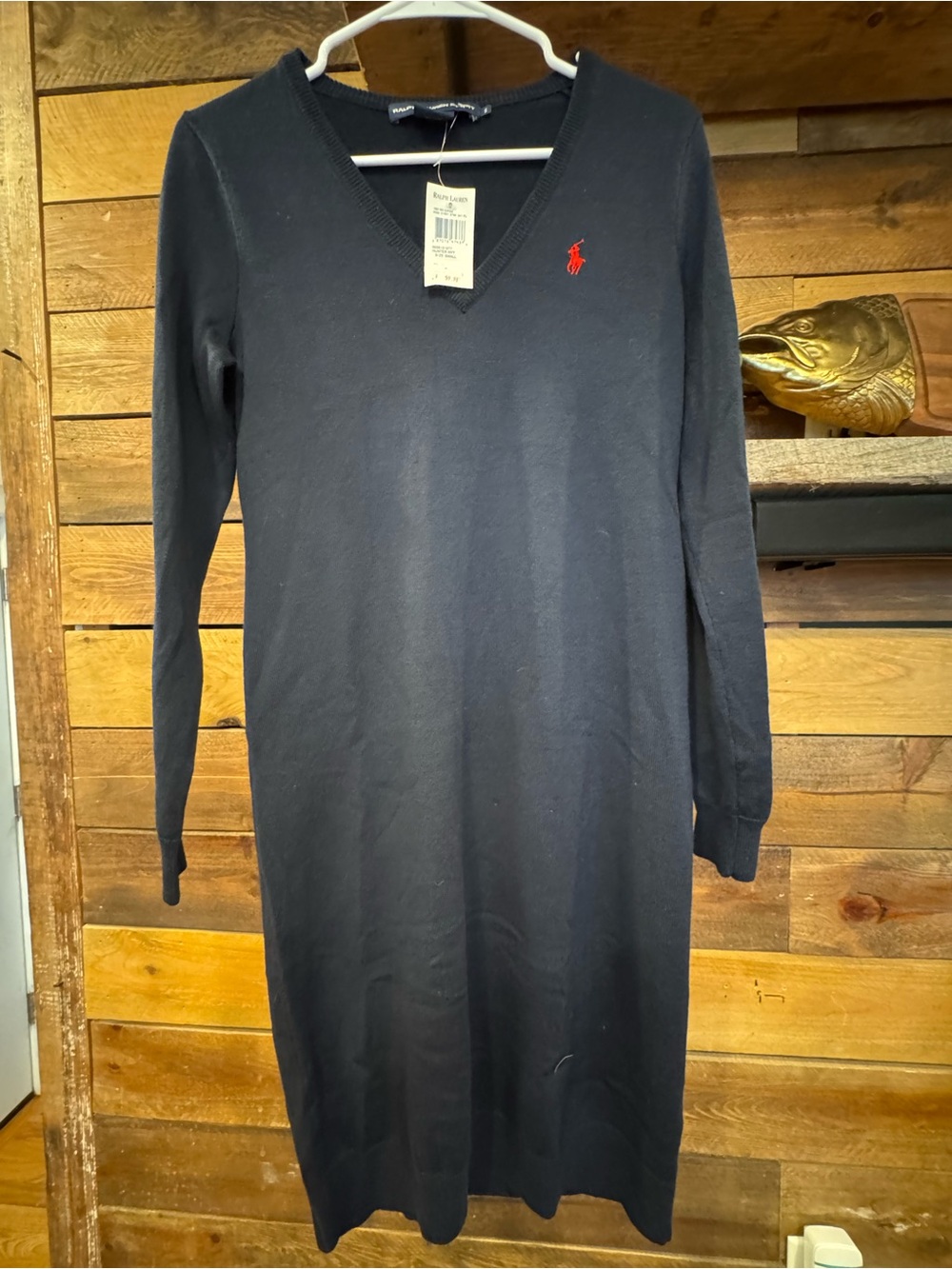 100% Marino Wool Ralph Lauren Black V-Neck Sweater Dress